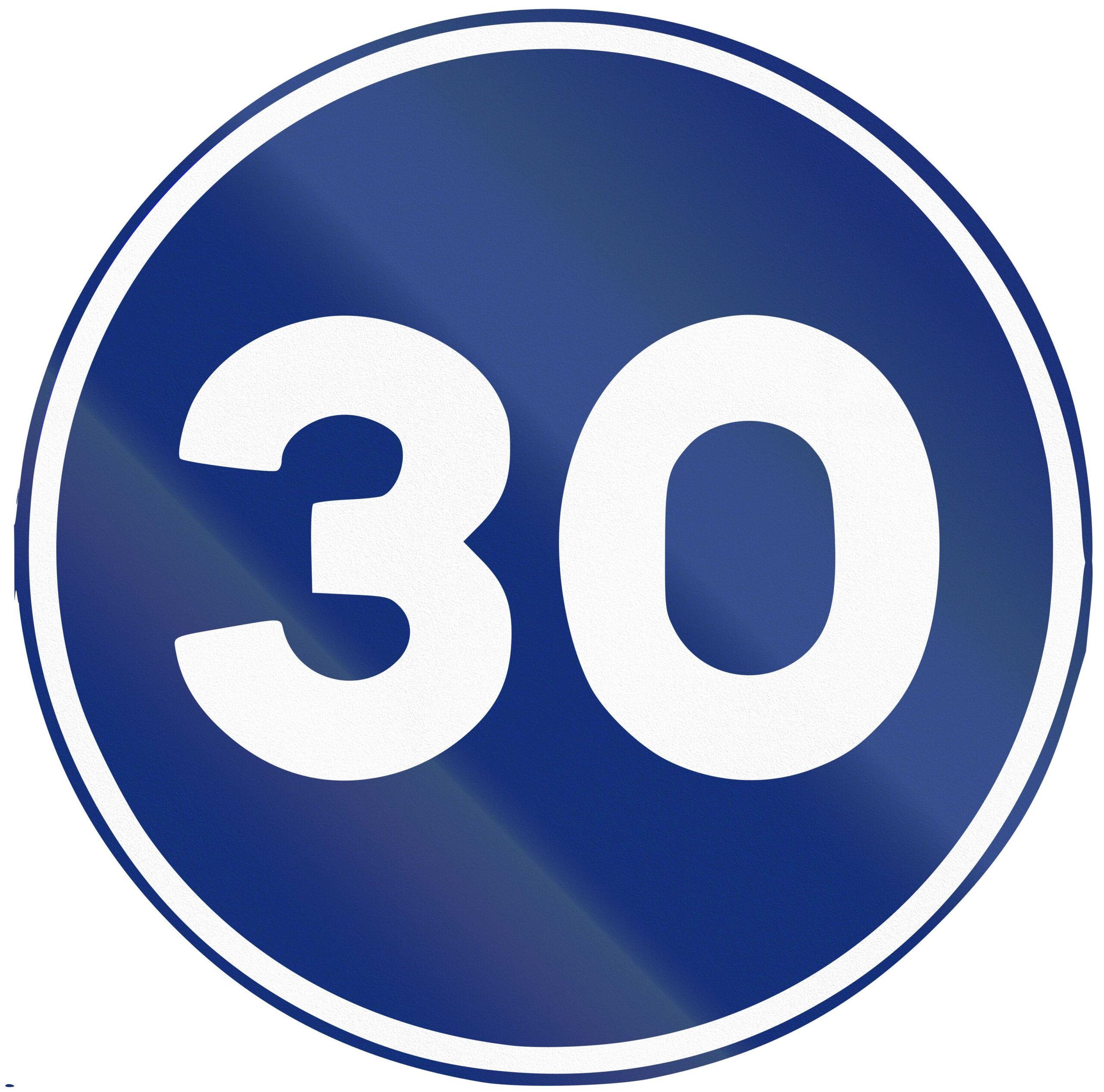 Blue circular road sign with the number 30 central in white to highlight minimum speed limit.