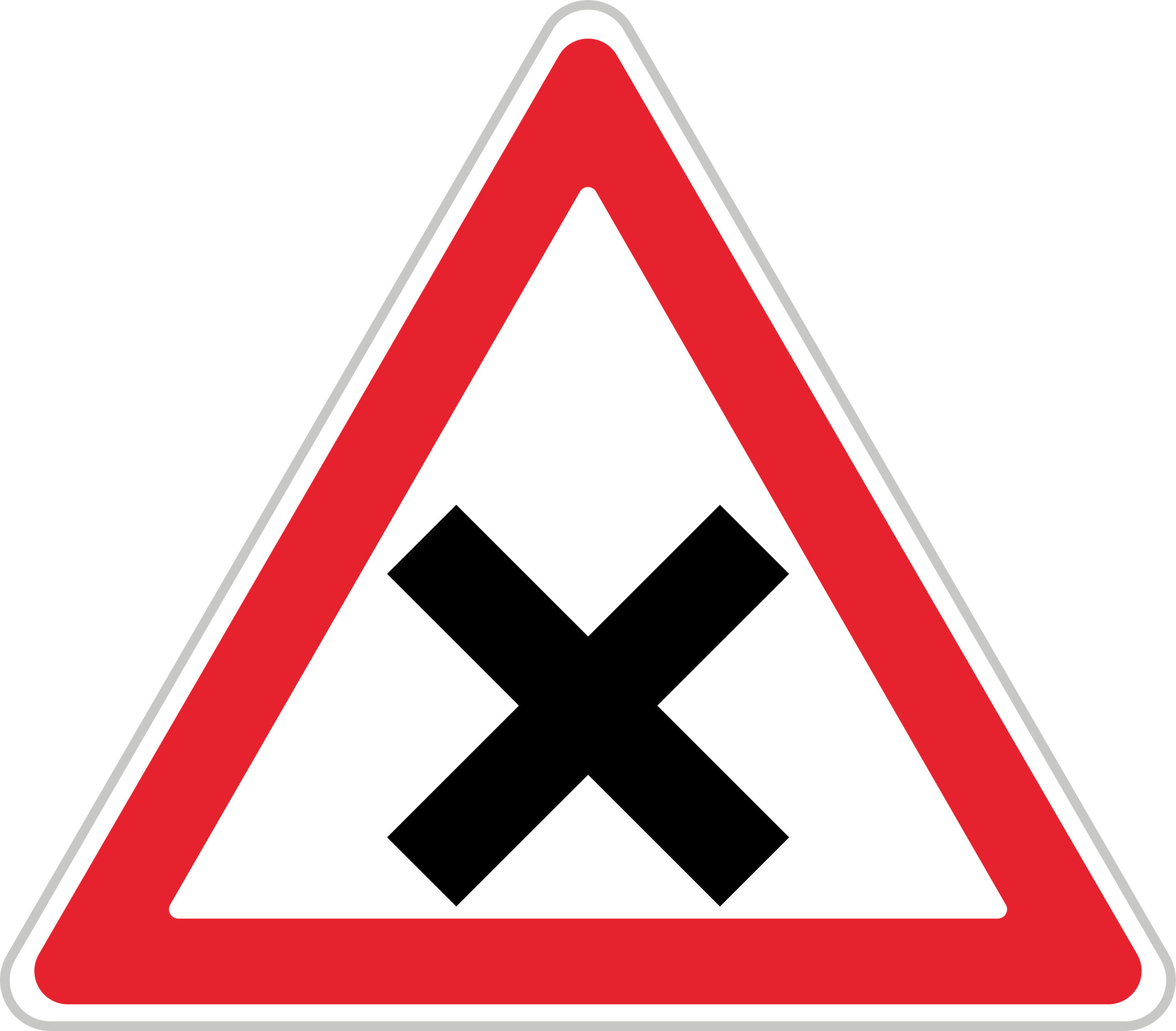 White triangle with red border and black cross in the middle.