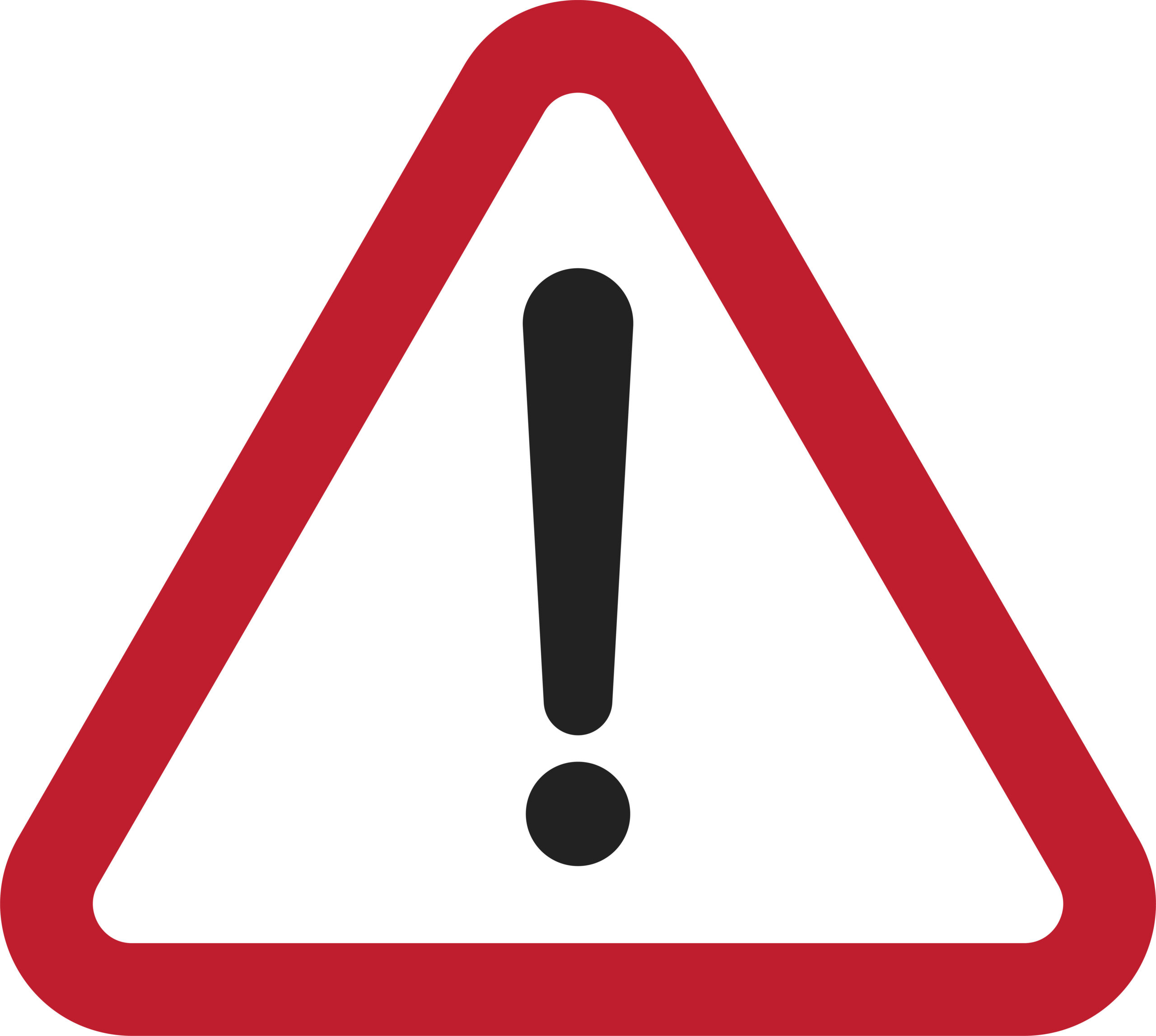 White triangle road sign with red border and black exclamation mark in the middle.