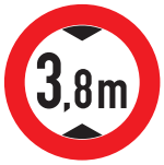 White circular Italian road sign with a red border showing a 3.8m heigh limit with up and down arrows pointing to this number.