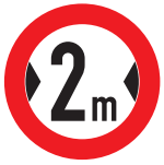White circular Italian road sign with a red border showing a 2m width limit with left and right arrows pointing to this number.