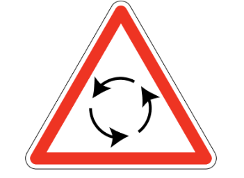 White triangle with red border and three black arrows in a circle in the middle pointing anti-clockwise.