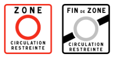 French road sign for restricted traffic zone (‘Zone Circulation Restreinte’) with red rectangle and circle, alongside faded ‘Fin de Zone’ version marking the end of the zone.