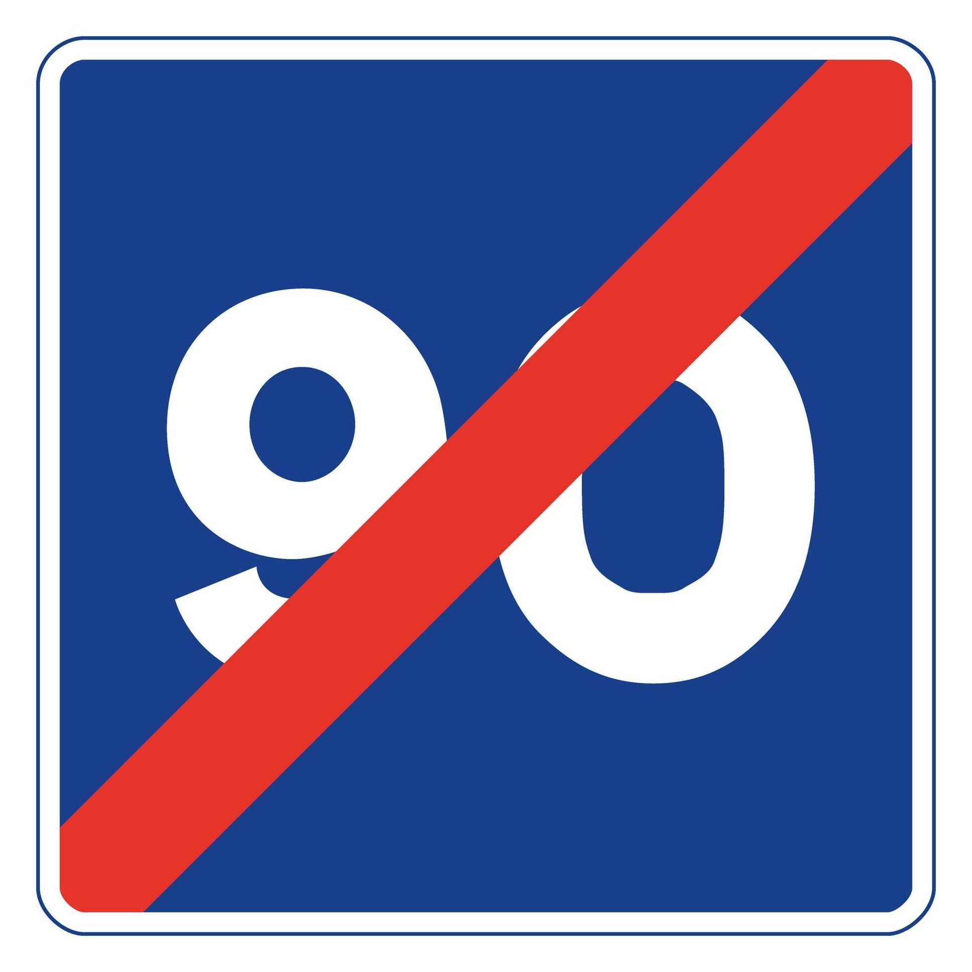 Blue square road sign with number 90 written in white lettering and red diagonal line going through it to show recommended speed limit ends.