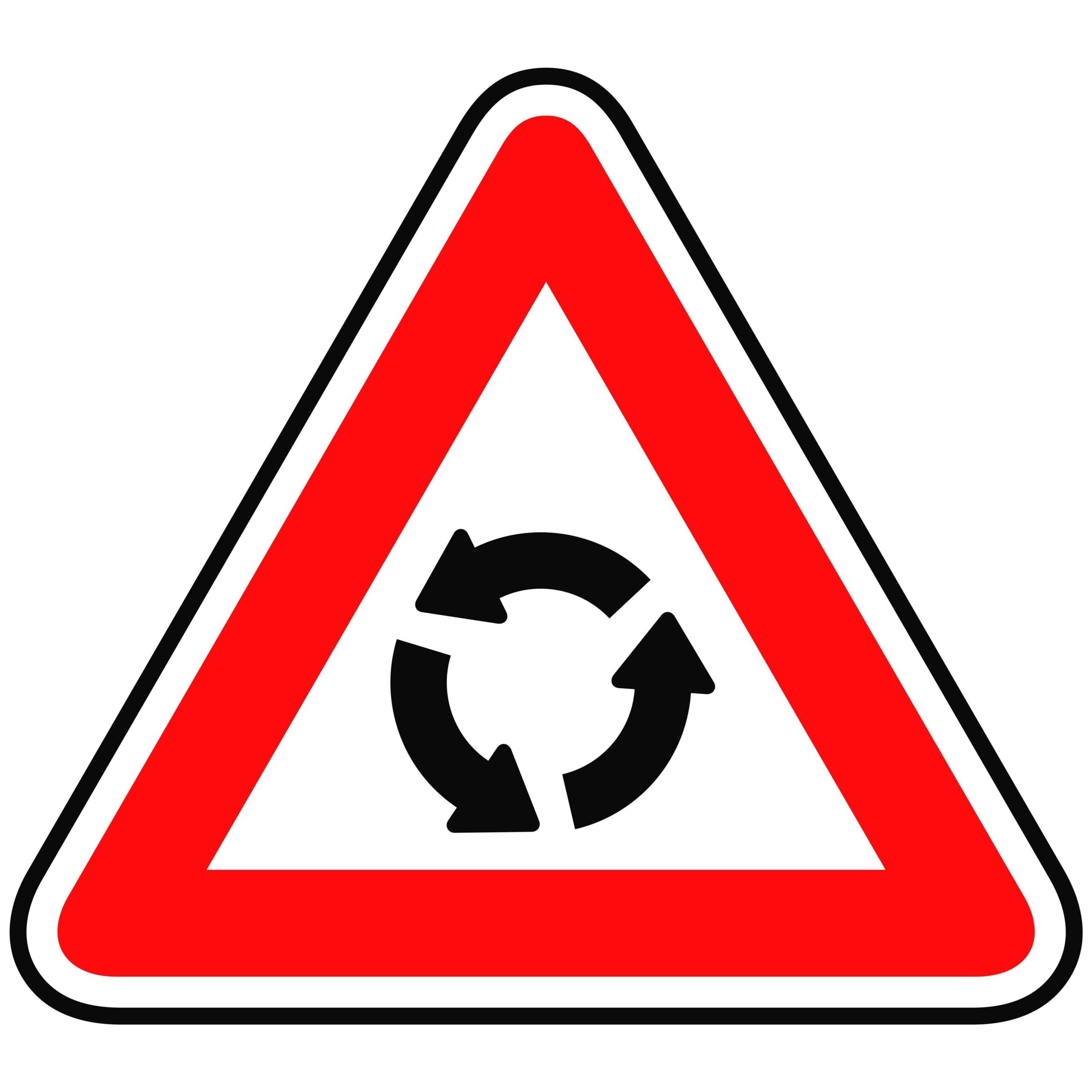 Triangle road sign with red border and three black arrows in a circle in the middle pointing anti-clockwise.